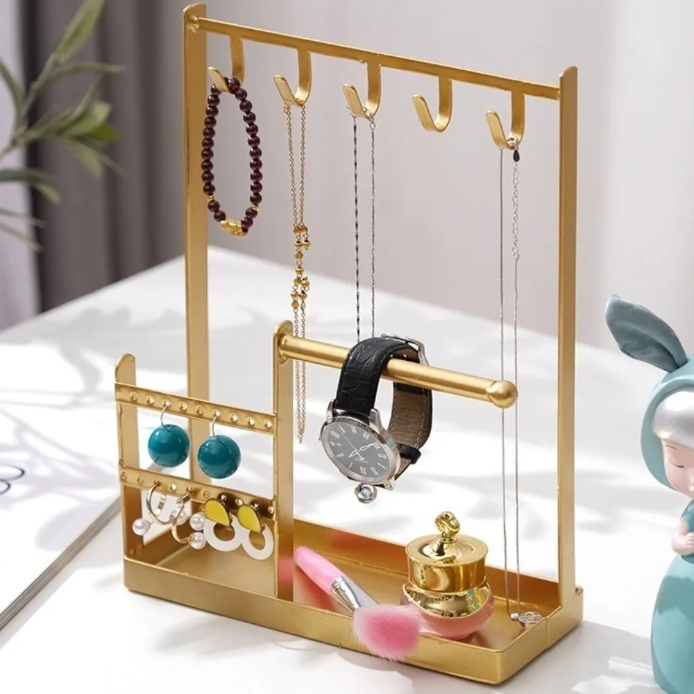 رف عرض مجوهرات معدني متعدد الوظائف معلق على شكل خطاف عرض موقف منظم سطح المكتب مع طبق صينية
