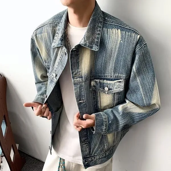 معطف رجالي كبير الحجم من قماش الدنيم للخريف والشتاء بربطة عنق صبغ فيتي طويل Sve ملابس عمل معطف أمريكي Sle Clean Fit Youth Faion #1