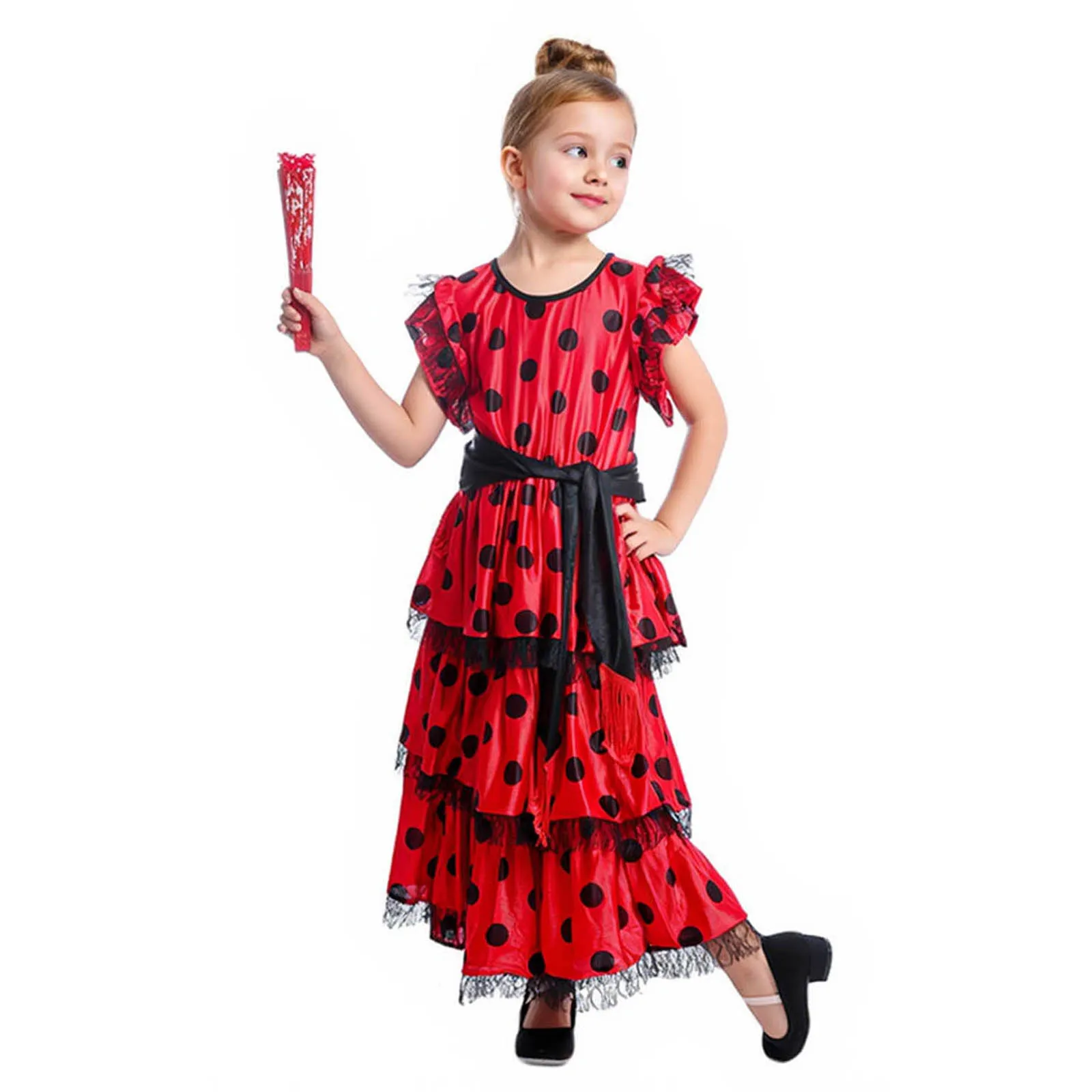 Kids Girls Spanish Flamenco Dance Dress Flying Sleeves Polka Dot Lace Layered Ruffled Dresses+Matched Fan+Side Tie-Up Waist Belt