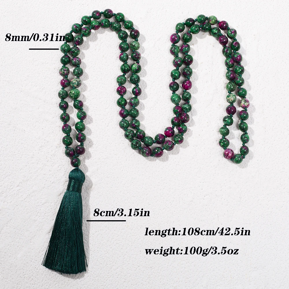 8mm Epidot Zoisite Knot 108 Mala Bead Necklace Meditation Prayer Jewelry Long Necklace for Men and Women