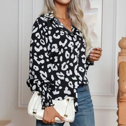 Spring and Autumn Women's Polo Neck Leopard Print Slim Lantern Sleeve Shirt Fashion Casual Formal Office Lady Tops