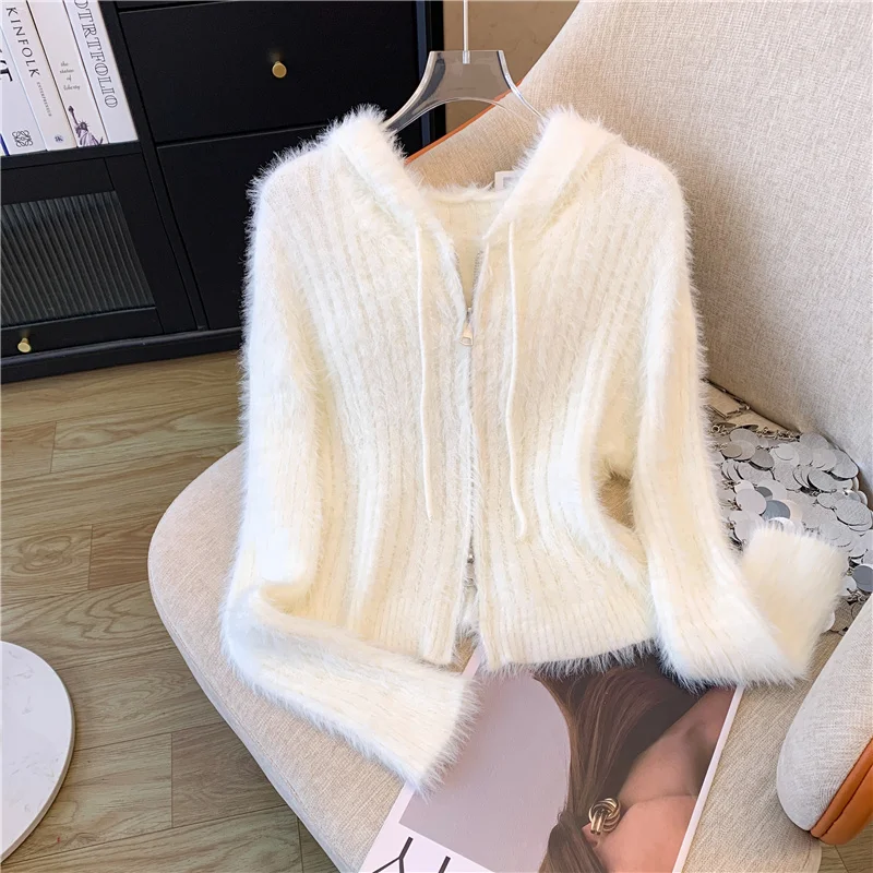 Zip-up Sweater with Hoodie Zipper Front Fuzzy Ribbed Knit Crop Cardigan Jacket for Women Teen-girl Y2K Acubi Fall Winter Outfit