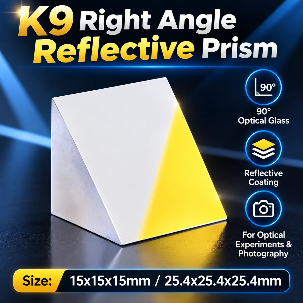 K9 Right Angle Reflective Prism 90° Optical Glass Prism with Reflective Coating, 15x15x15mm / 25.4x25.4x25.4mm for Optical Exper