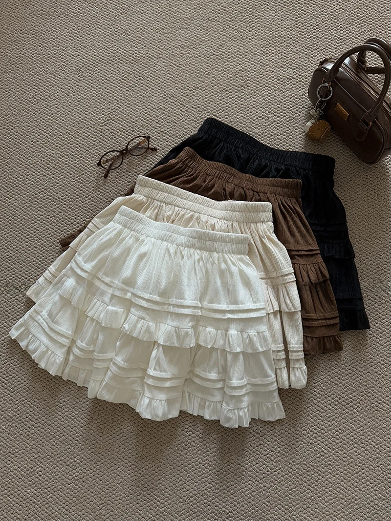 

Pure Color Cake ort Skirt High Waist A-Line Anti-Light Elastic Women's Faion Autumn New Sle Commute Polyester Skirt