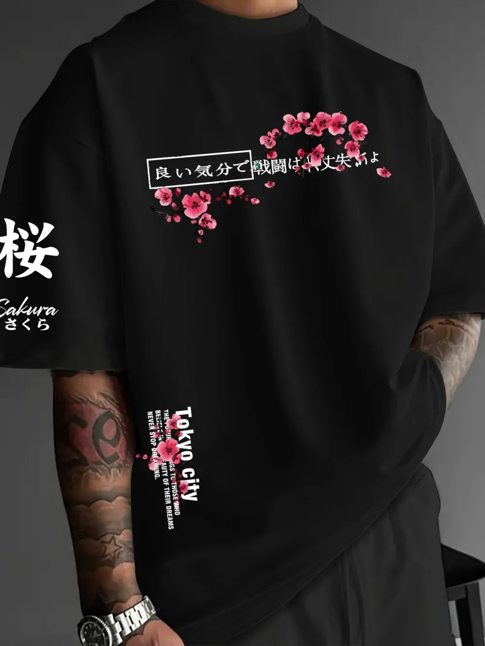 Hot Selling New Summer Men's Creative Cherry Blossom Letter Print Soft and Breathable Round Neck T-Shirt Outdoor Casual Top