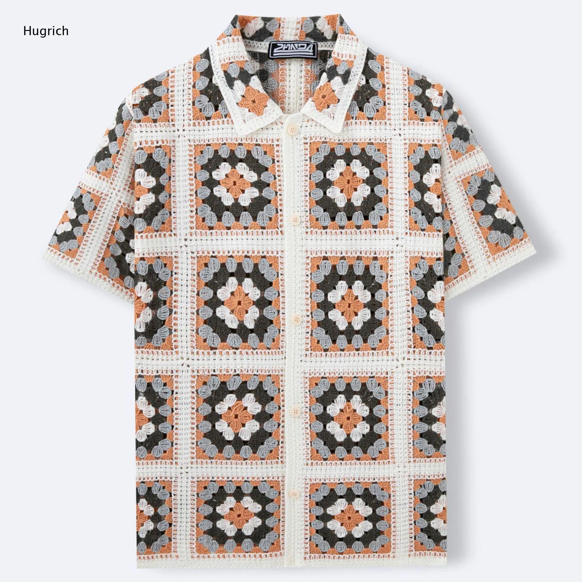 Men's Boho Style Openwork Knit Shirt - Granny Square Patchwork Pattern Short Sleeve Button Up Summer Blouse