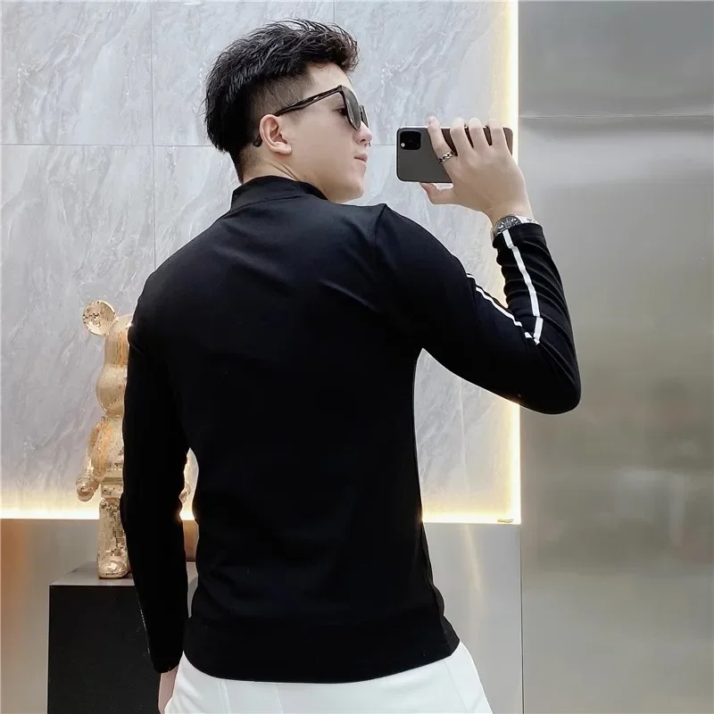 Luxury Embroidery Half High Collar Bottoming Shirt for Men Slim Fit Casual Long Sleeved T-shirts Social Sweatshirt Pullover image 6