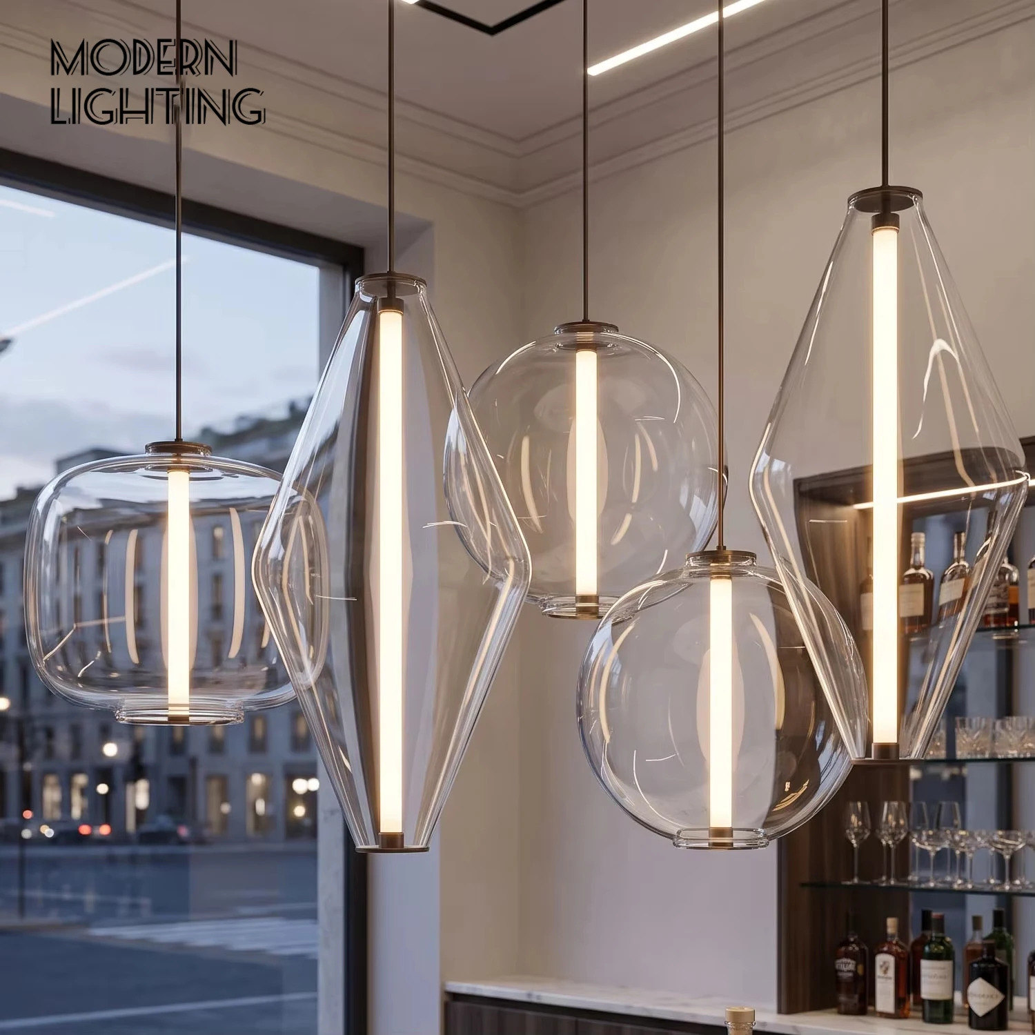 Modern Geometric Biconical Diamond Glass LED Tube Pendant Light Clear Sculpted Shades Elegant Residential Commercial Interiors