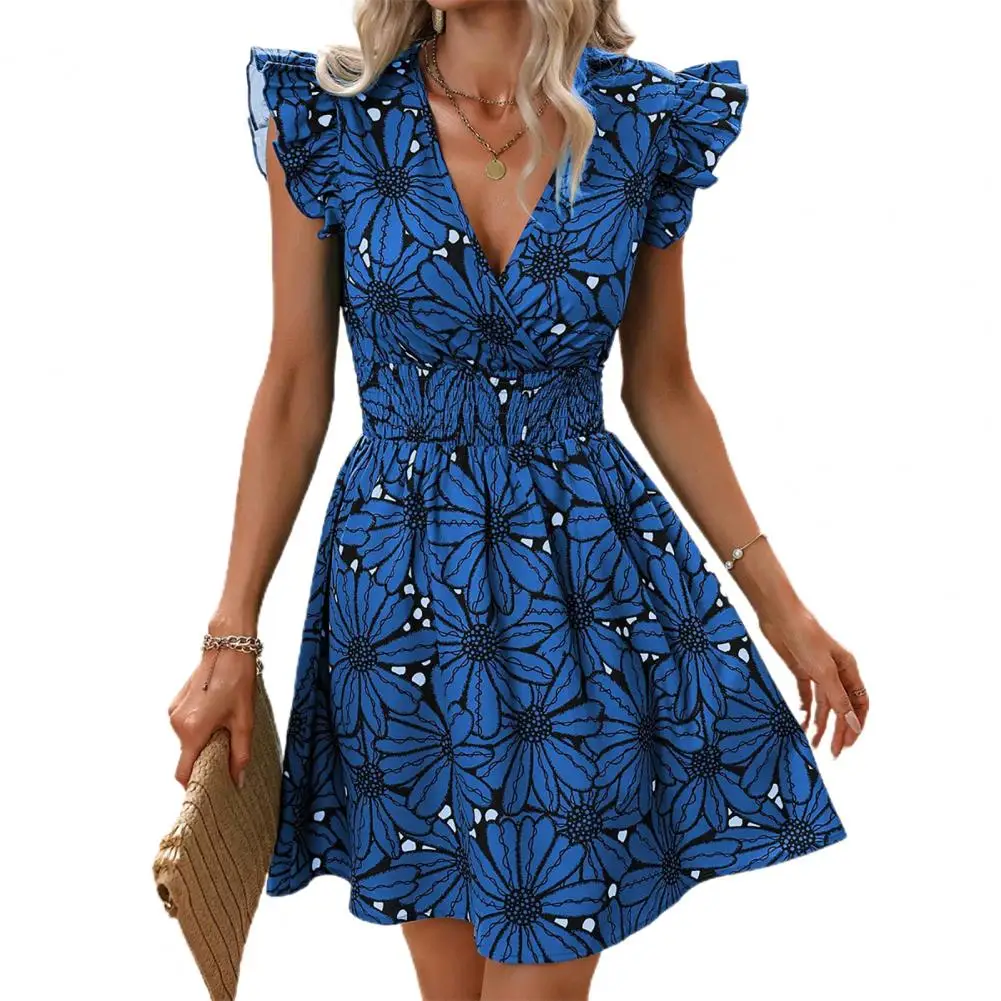 

Women Dress V Neck Flower Print High Tight Waist A-line Flying Sleeves Ruffle Pleated Dating Party Mini Dress