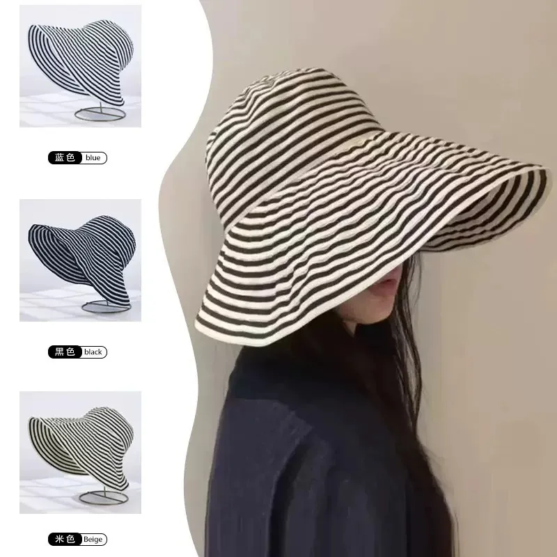 Color Blocking Striped Large Brim Sun Hat Summer Vacation Women Girls Outdoor Beach Bucket Hats Leisure Vacation Style Sun Hat