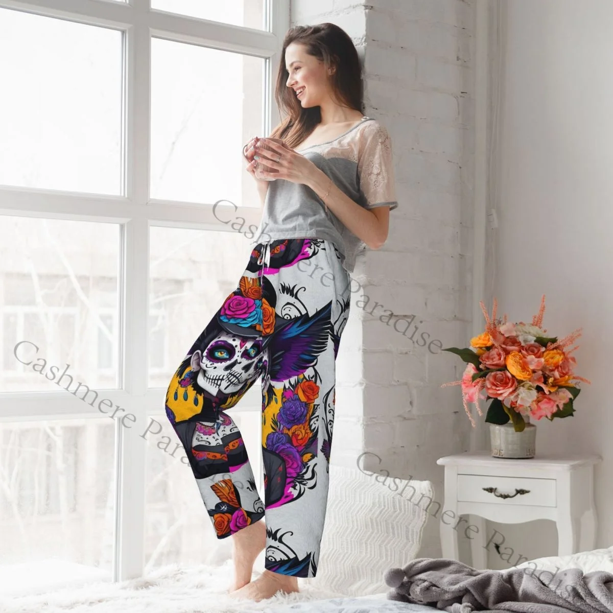 المكسيكي كاترينا فتاة يوم الموتى السكر الجمجمة دافئ الفانيلا بنطلون بيجاما للنساء النوم قيعان المنزل المتسكعون