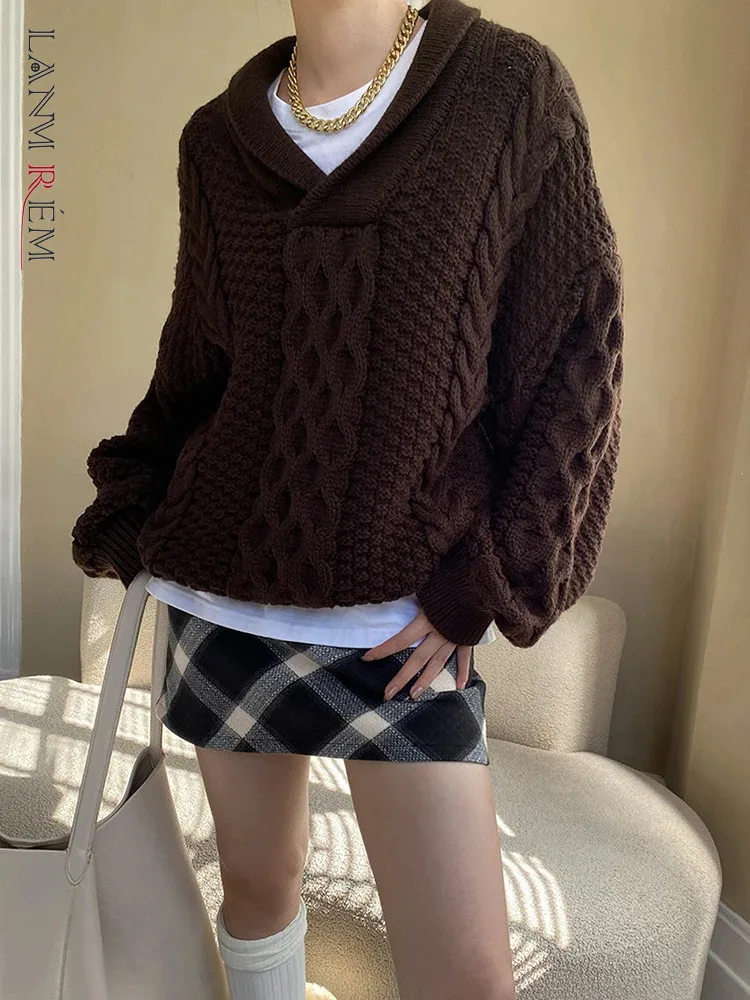 

[LANMREM] Minimalism Knit Pullovers Women's Lapel Long Sleeve Office Lady Warm Sweater Female Tops 2025 Spring New 26C1548