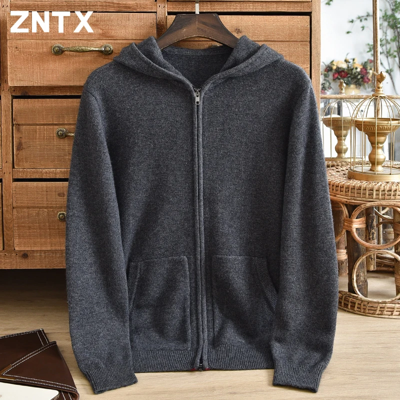 New men\'s pure cashmere sweater, double stranded thick cardigan, hooded jacket, pocket zipper knitted hat, high-end solid color