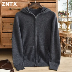 New men's pure cashmere sweater, double stranded thick cardigan, hooded jacket, pocket zipper knitted hat, high-end solid color