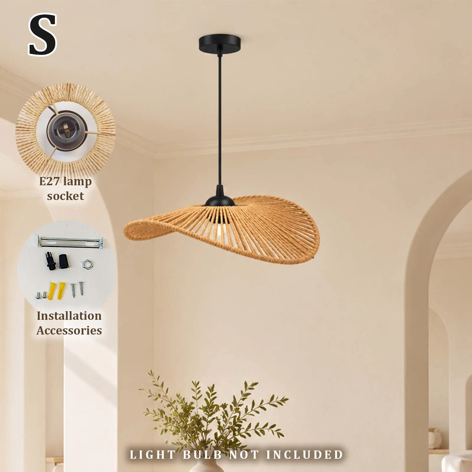 Natural Rattan Hand-Woven Pendant, Flat Wavy Disc UFO Shade, French Cream Boho Dining Room Bedroom