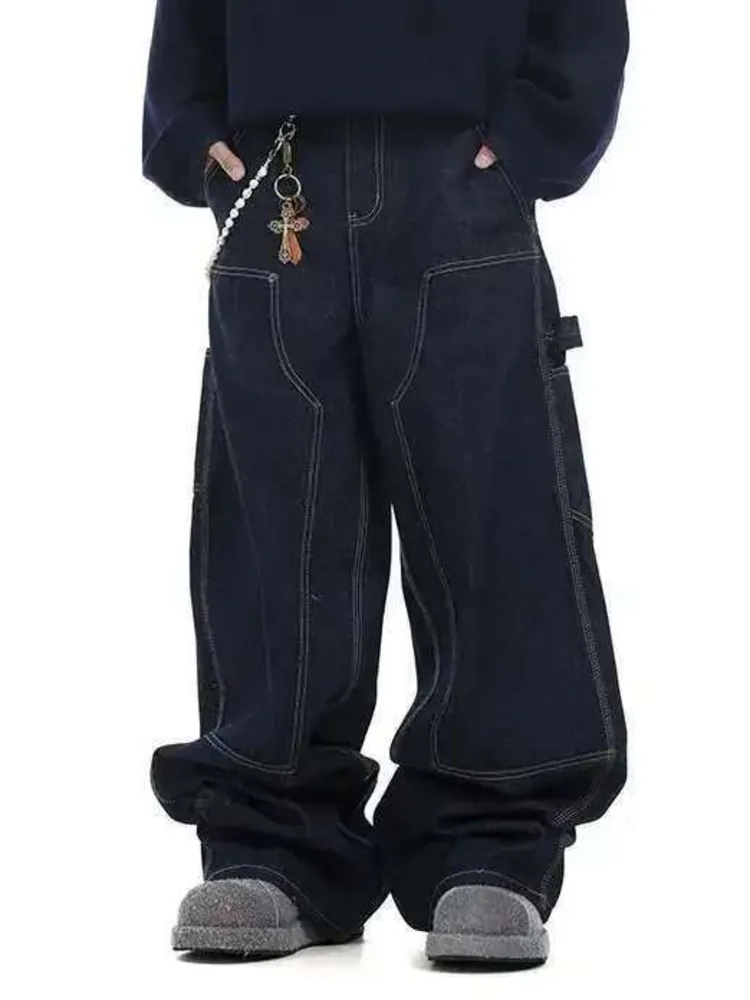 Niche Hip-hop Dark Blue Denim Silhouette Baggy Jeans American Loose Wide-legged Trailing Pants Men's Trousers  2QVEM