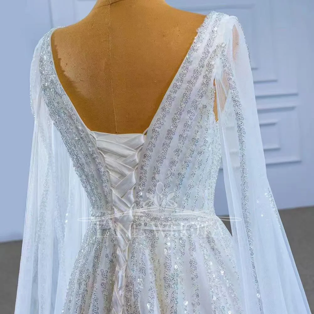 V넥 롱 슬리브 레이스업 백 시퀸 웨딩드레스 2025 스타일 섹시 브라이덜 가운 맞춤 제작 가능 베스티도 노비아