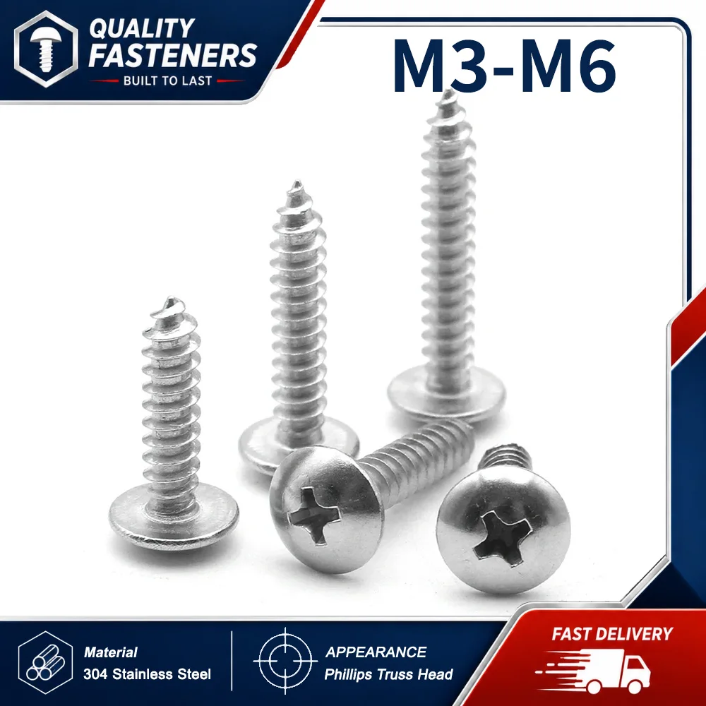 50-10pcs M3 M3.5 M4 M5 M6 304 Stainless Steel Phillips Mushroom Head Wood Screw Cross Recessed Truss Head Self-tapping Screw