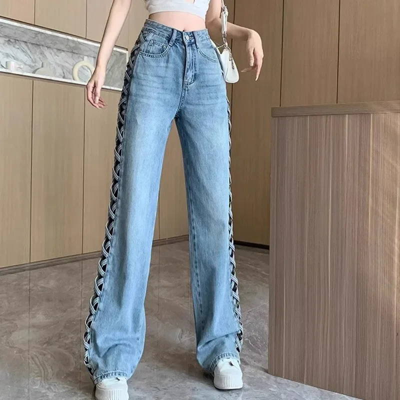 女性ジーンズ中空アウトハイウエストズボンボタンジッパーワイドレッグパンツオフィスレディルース春クラブ Y2k ストリート