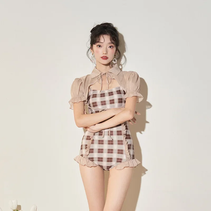 Asian One-piece Swimming Suit Women Small Chest Coverup Thin 2026 New Conservative Fashion Short Sleeve Hot Spring Beach Suit