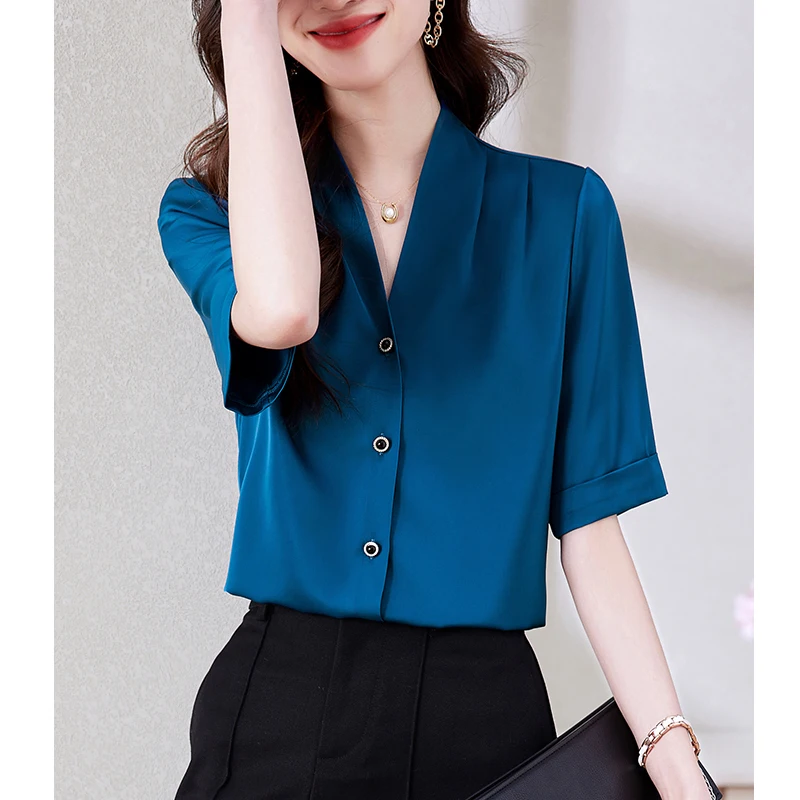 Women Summer Korean Fashion Satin Button Shirts Office Lady Elegant Business Casual Blouses Solid V Neck Short Sleeve Slim Tops