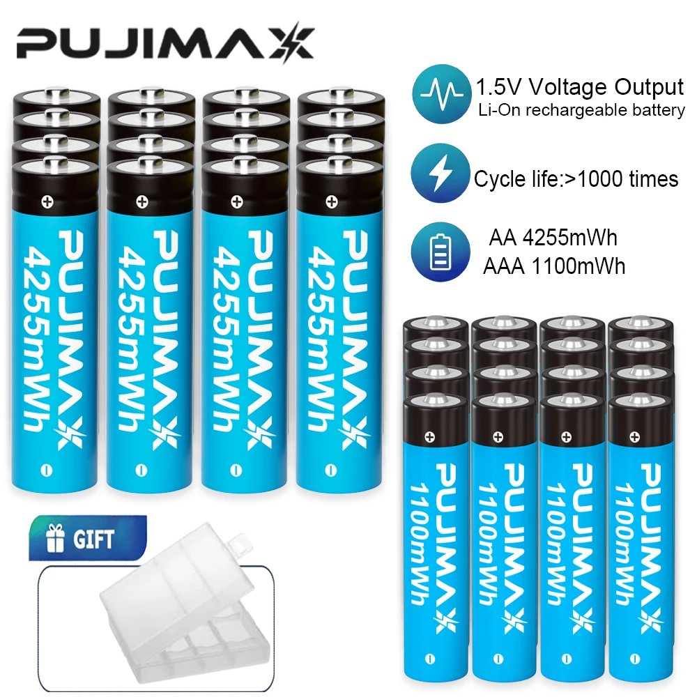 PUJIMAX Rechargeable Lithium Battery AA 4255mWh/AAA 1100mWh Batteries High Capacity 1.5V Battery for Clocks Mouse Remote Control