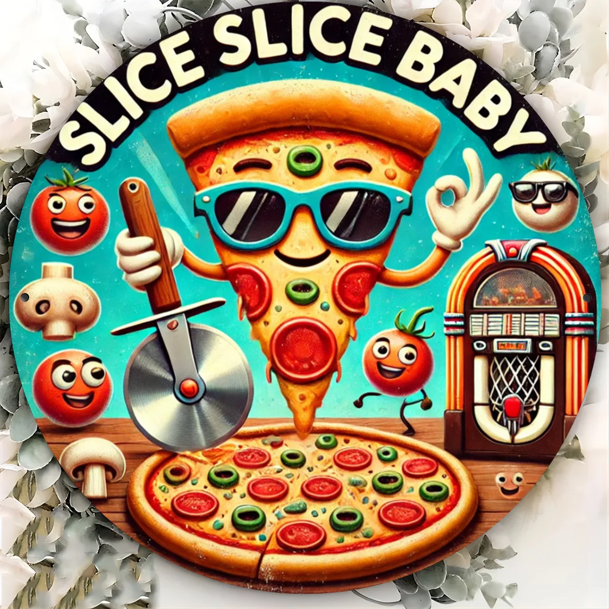 Letrero de metal con tema de rebanador de pizza de hierro grabado, arte de pared impreso en 2D para el hogar, cocina, bar, decoración de jardín