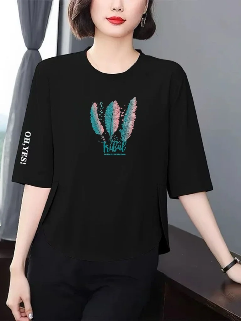 

Элегантная свободная футболка с принтом, женская модная футболка в стиле Mommy Style с рукавами 3/4, утягивающая талию, для женщин среднего и пожилого возраста.