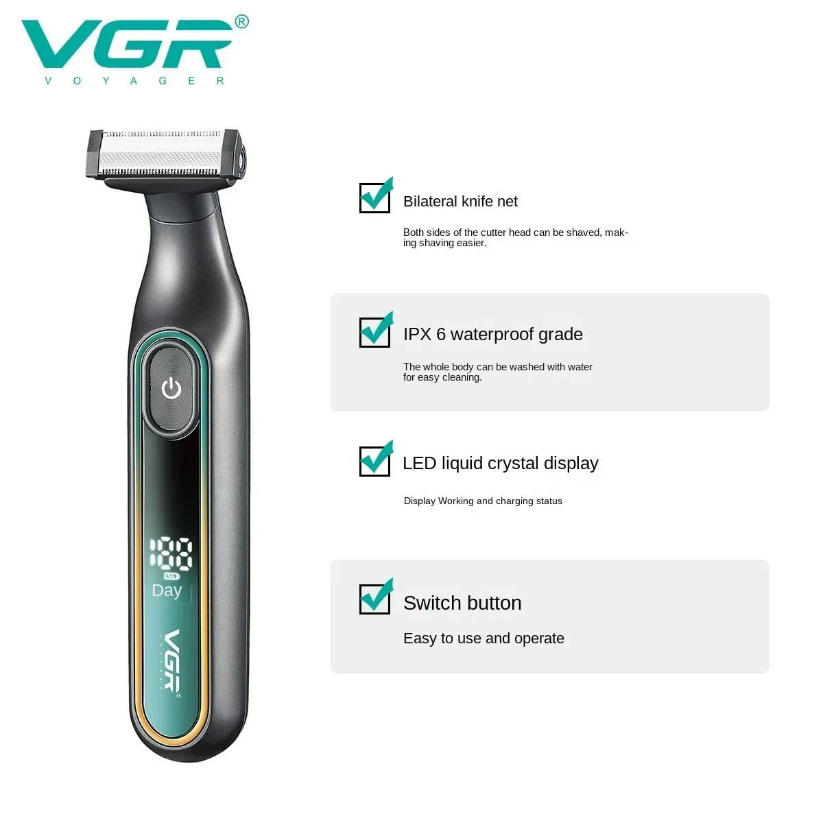 VGR rasoirs électriques hommes rasoir homme rasoir electrique Rasoir Professionnel Rasoir Portable Tondeuse à cheveux pour le corps IPX6 étanche Tondeuse à barbe Rechargeable Rasoir électrique pour hommes V-360