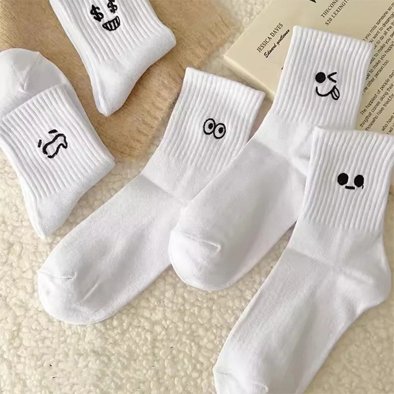 5 Pairs Women's Cartoon Socks Round Neck Mid Tube Fashionable Cute Expression Pattern Socks Casual Breathable Autumn Girls Socks