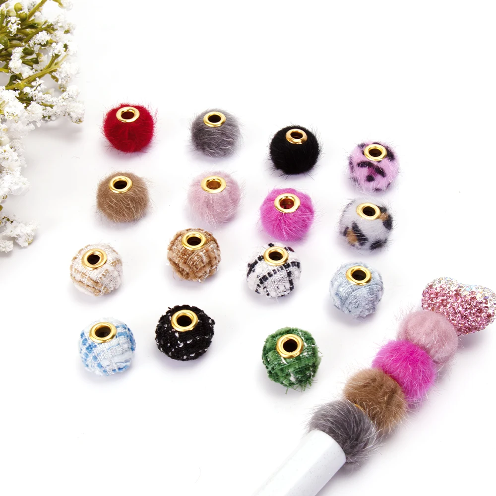 10 PCS 15mm Macrocore Beads Plaid Leopard Print Short Hair Charms DIY Pompom Pendant Jewelry Making Necklace Pendant Earrings