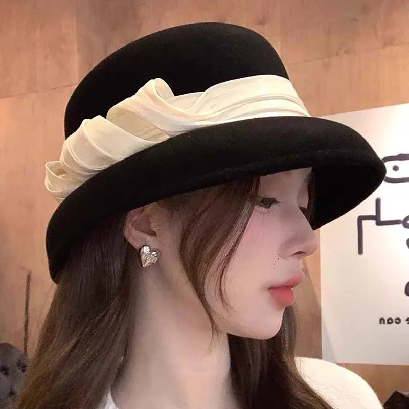 

New Autumn Winter High Grade Wool Bucket Cap Franch Style Retro Women Felt Hat Fashion Fishermen Hat Dating Elegant Bowler Hat