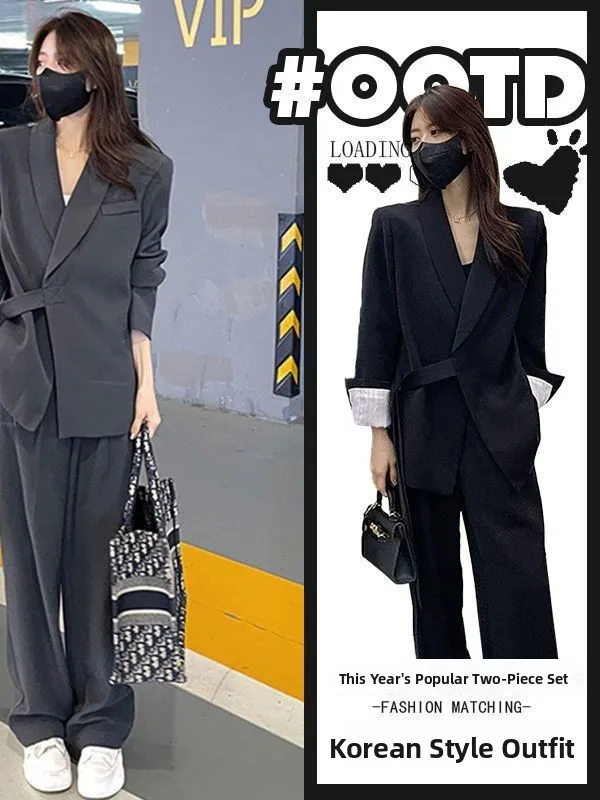 

Весенний модный комплект для женщин больших размеров: широкие брюки и топ с длинными рукавами, свободный повседневный костюм с высокой талией в корейском стиле, полиэстер.