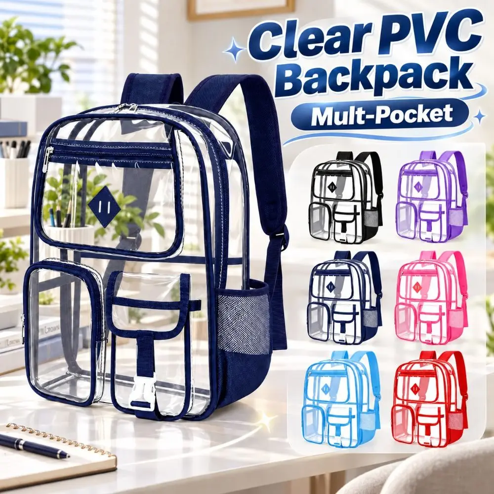 Mult-Pocket Clear PVC Backpack Waterproof Transparent School Backpack Durable Lightweight See-Through Bookbag School,Travel,Gym