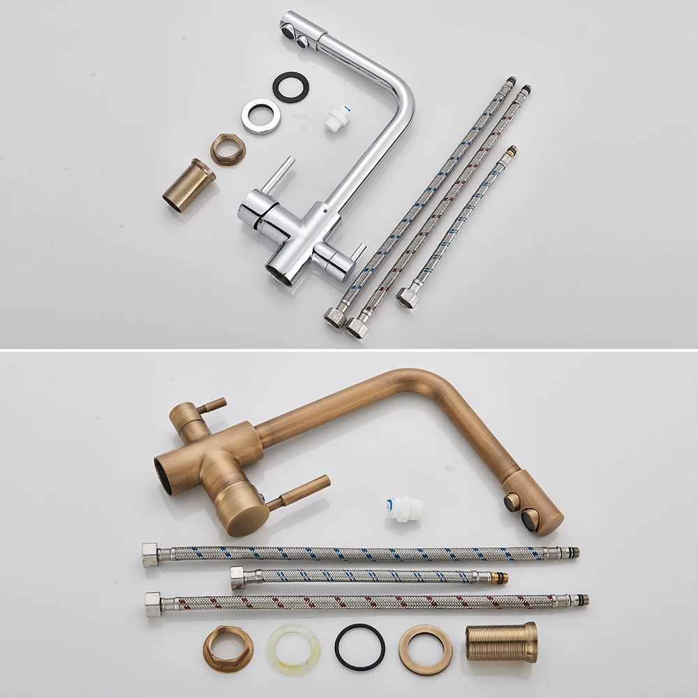 Chrom Gereinigtes Wasser Küchenarmatur Reines Wasser Filter Deck Montiert Wasserhahn Kran Doppel Griffe Heißes Kaltes Wasser Mischbatterien