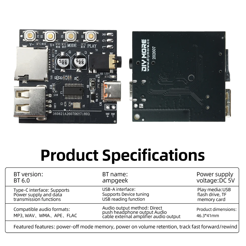 Bluetooth 6.0 MP3 Audio Decoder Board with Dual Ports Supports AAC Online Tuning Multi-Format High Fidelity Audio Module