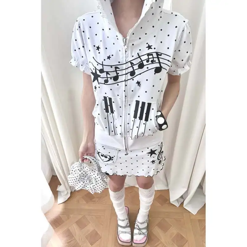 Y2K Zip Up Short Sleeve Hoodie Polka Dot Music Note Piano Print Lace Trim Cropped Kawaii Streetwear Top