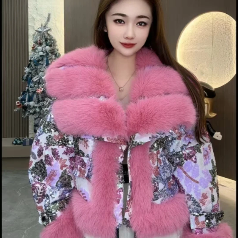 Outcoat La nouvelle veste rembourrée en coton en fourrure comprend des vêtements d'extérieur à paillettes lourdes en simili cuir doux et un manteau de fourrure épais élégant