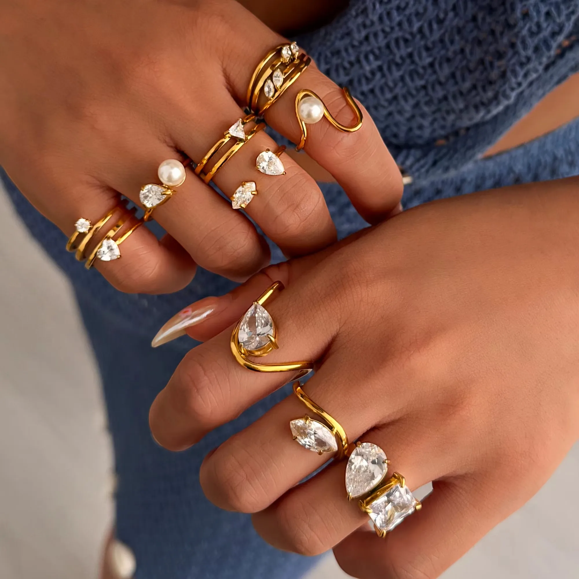 Bagues irrégulières en acier inoxydable plaqué or 18 carats, modèles multiples, yeux en larmes, perle de Zircon, Art pour femmes, bijoux Boho sans ternissement