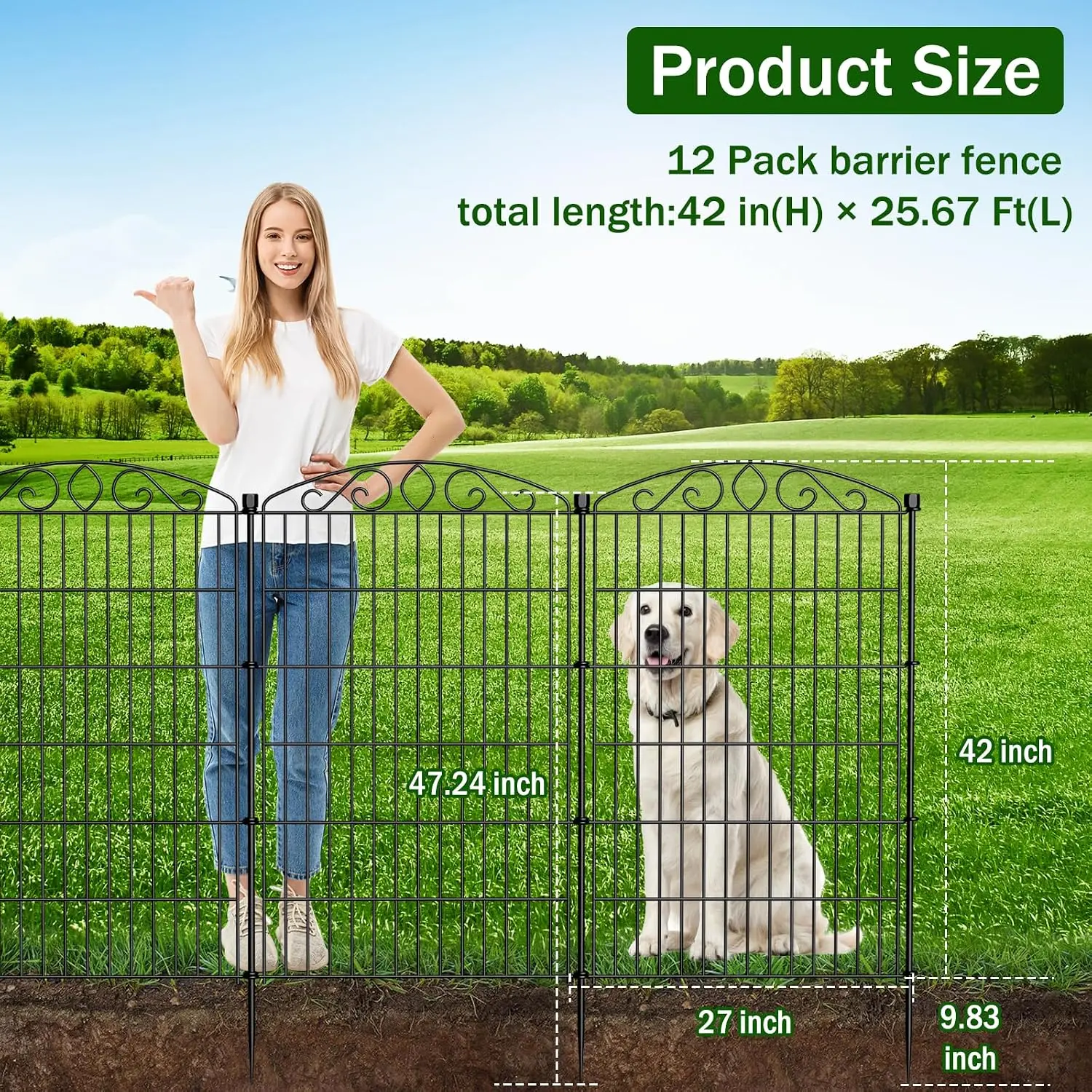 12 Panel No Dig Decorative Garden Fence with Gate - 42in H x 25.67 ft L, Tall Animal Barrier for Dogs Rabbits, Rustproof Metal W