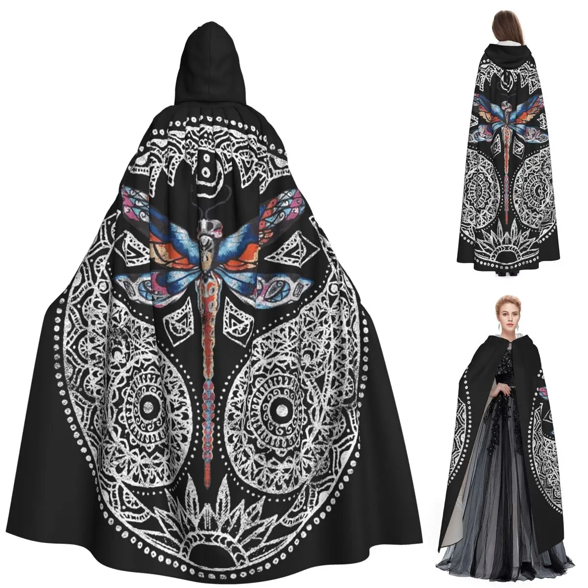 

Dragonfly And Sacred Geometric Symbol Long Hooded Cloak Witch Medieval Costume Cosplay Cape HalloweenVampire Adult Unisex