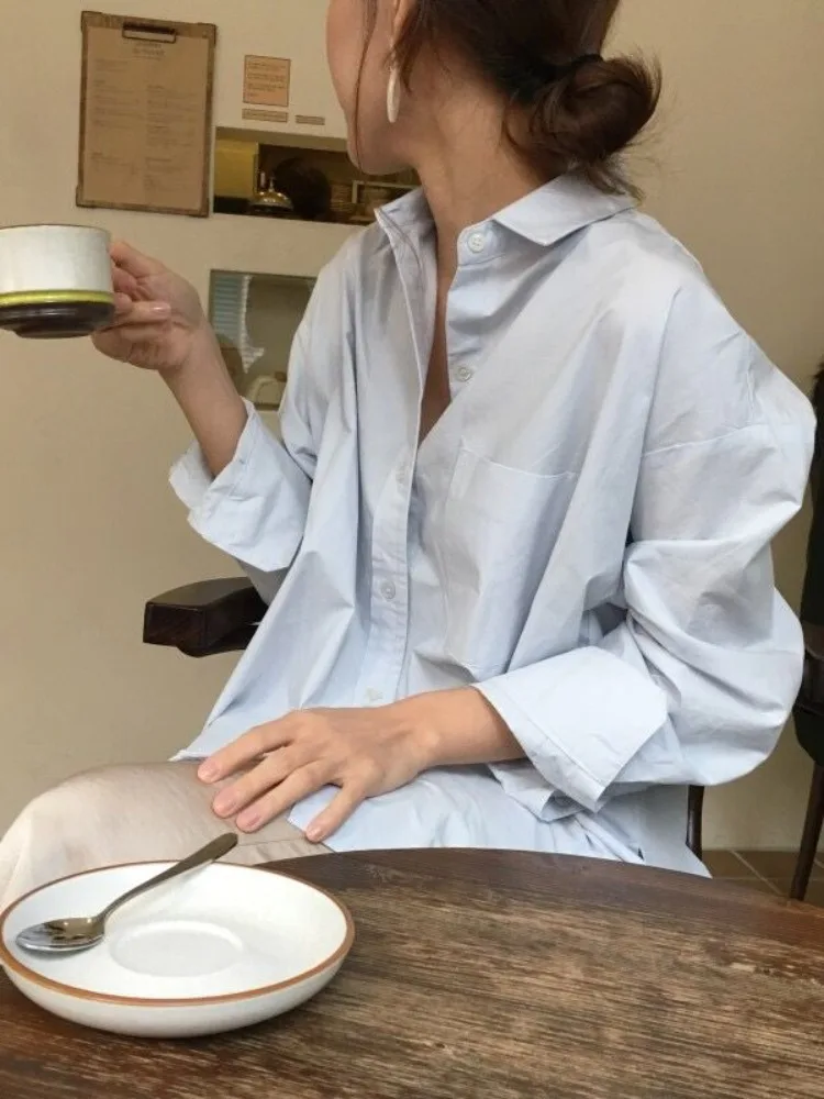 Csa de Manga Larga Estilo Básico Chic para Mujer, Cierre de un Solo Botón, Abertura Lateral, Blusa Hoada Informal para O...