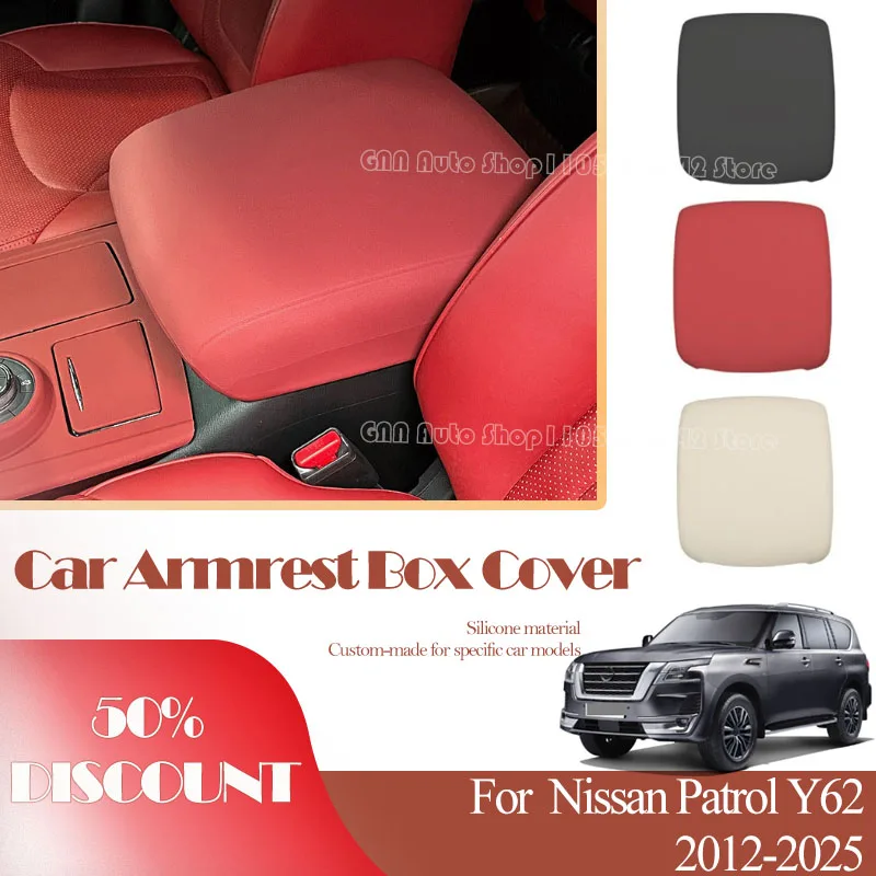 Car Armrest Box Cover For Nissan Patrol Y62 2012-2025 Center Console Arm Rest Silicone Sleeve Protection Lid Auto Interior Parts