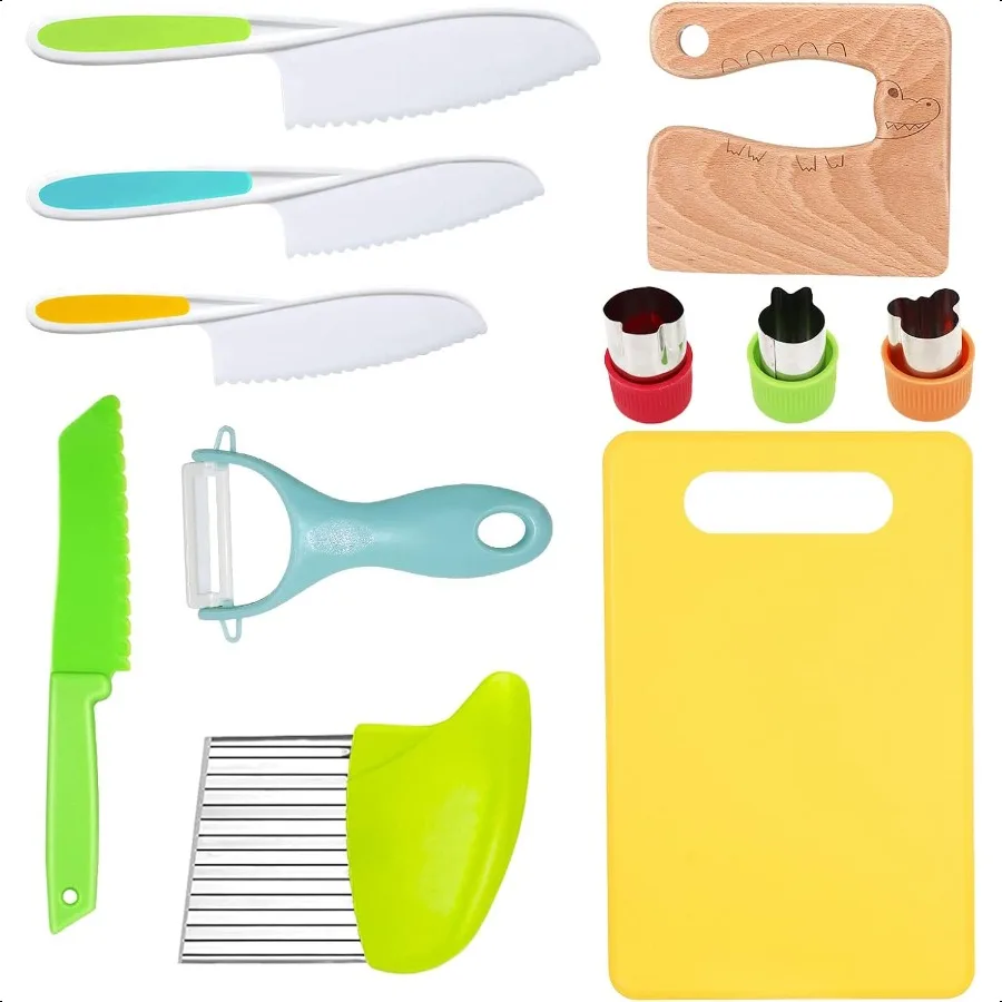 

11 Pieces Wooden Kitchen Knife Kitchen Set Include Wood Knife Serrated Edges Plastic Toddler Knife Crinkle Cutter Sandwich Cutt