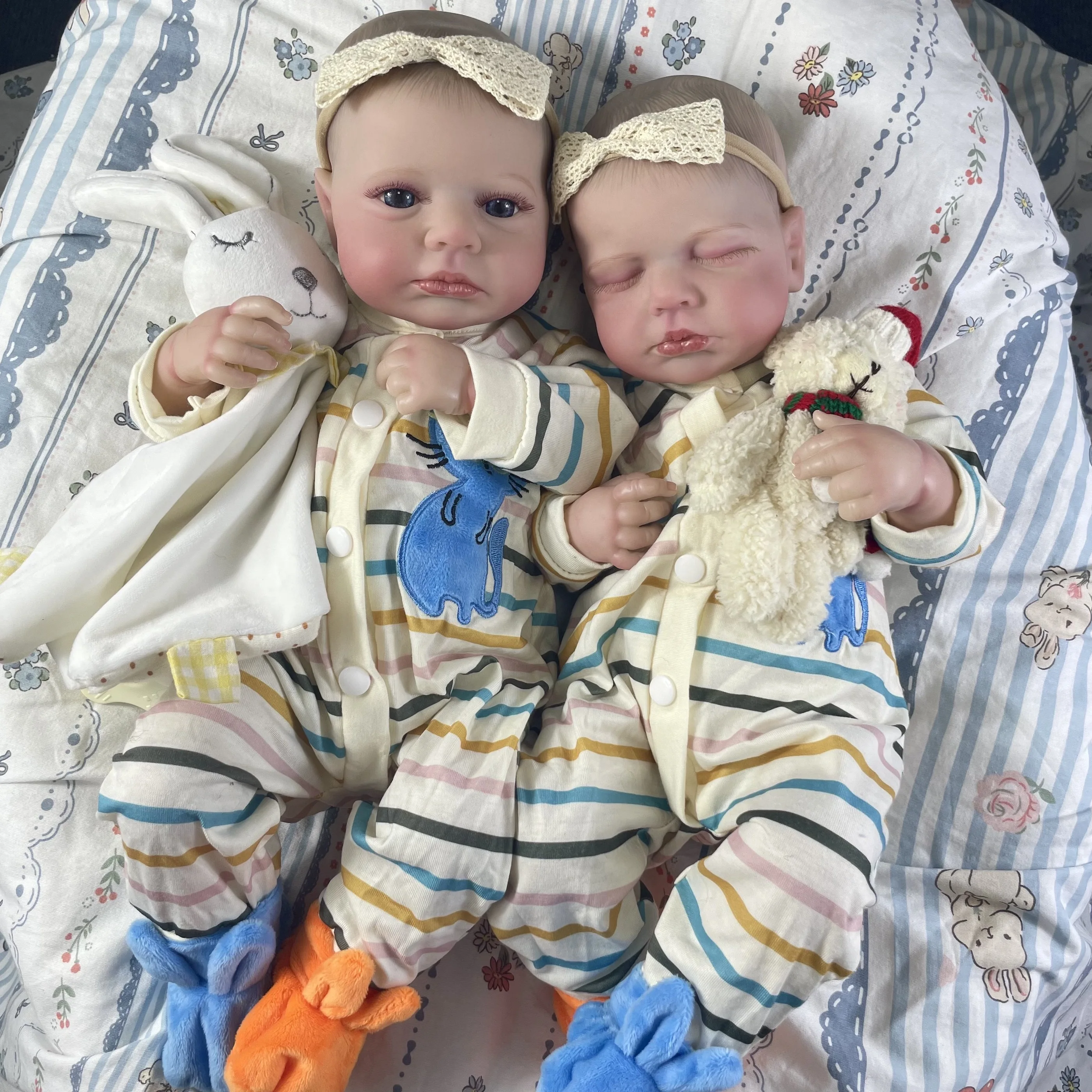 

50CM LouLou Twins Girl Finished Reborn Baby Dolls Lifelike Silicone Vinyl Newborn 3D Skin Visible Veins Doll Christmas Gift