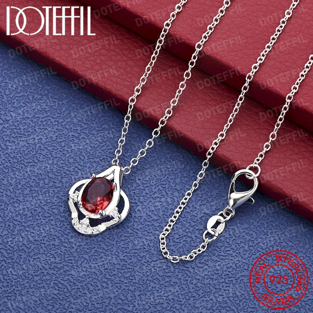 

925 Sterling Silver Exquisite Red Zircon Pendant Necklace Women Fashion Gift Wedding Accessories Jewelry