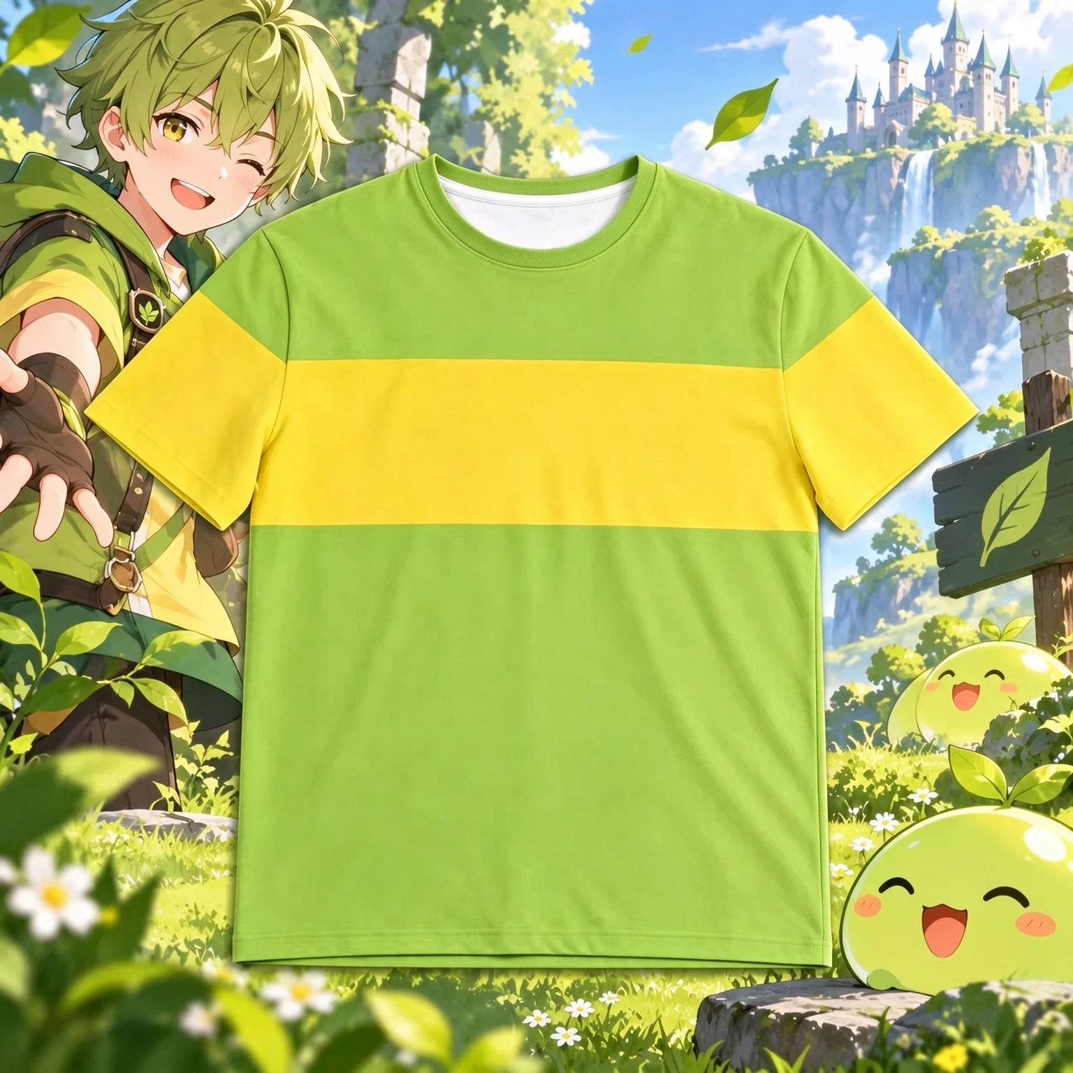 Men's and Women's Deltarune Kris Cosplay Short Sleeved Fashionable Green Yellow Striped Pullover Top