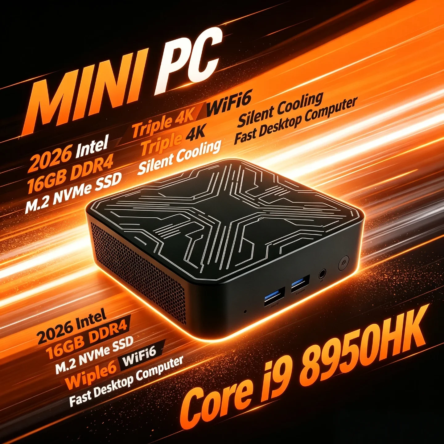 2026 인텔 코어 i9 8950HK 휴대용 미니 PC 16GB DDR4 M.2 NVMe SSD 트리플 4K WiFi6 저소음 쿨링 홈 오피스 데스크탑 컴퓨터