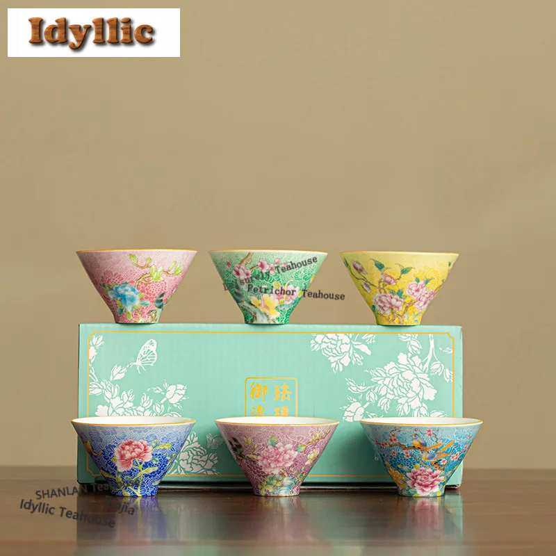 6pc/set Colour Enamels Hand Painted Flower Bird Teacup Zen Tea Bowl Tea Pair Tea-tasting Meditation Cup Chazhan Master Cups