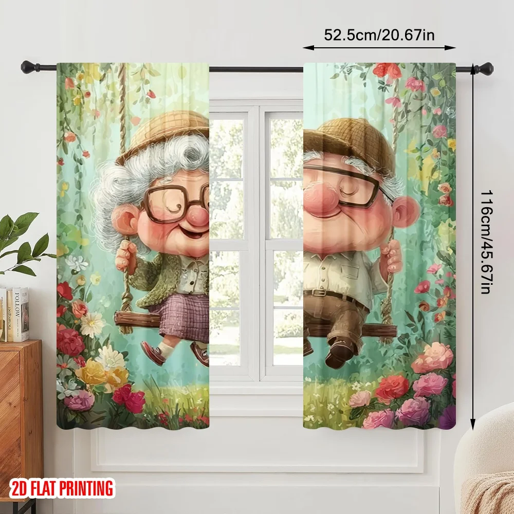 2pcs,2D plane printing Window Curtain Whimsical Grandparents Love Versatile Polyester (without rod) Gifts Use for Bedroom Living